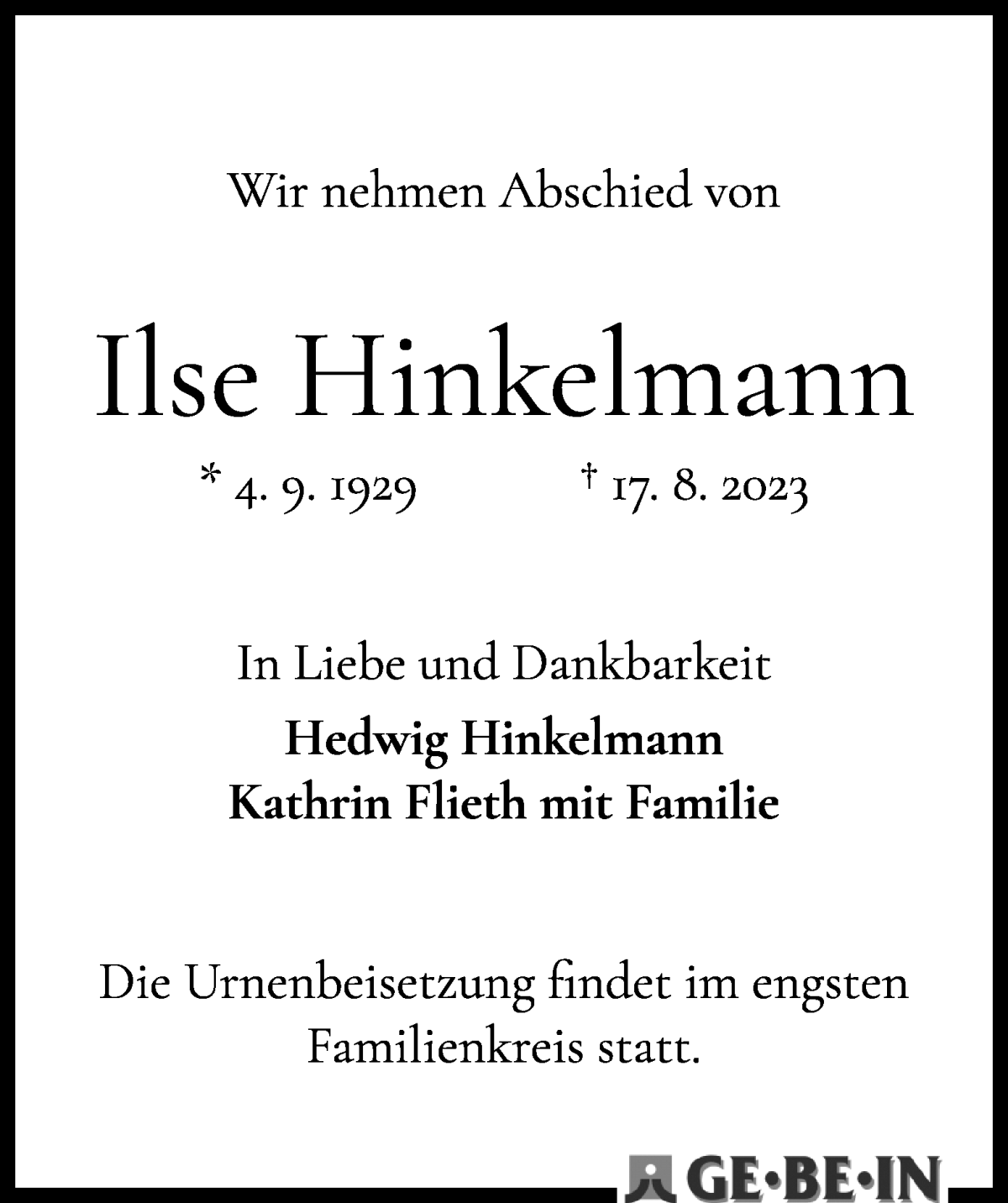 Traueranzeige von Ilse Hinkelmann von WESER-KURIER