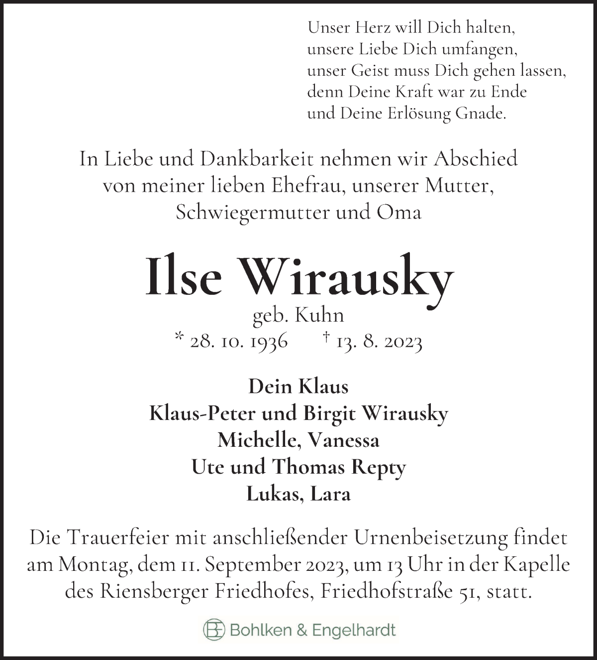 Traueranzeige von Ilse Wirausky von WESER-KURIER