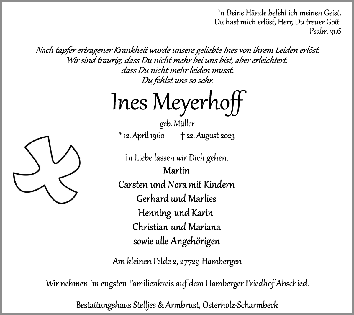 Traueranzeige von Ines Meyerhoff von Osterholzer Kreisblatt