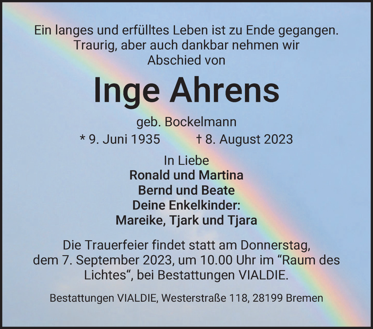 Traueranzeige von Inge Ahrens von Die Norddeutsche