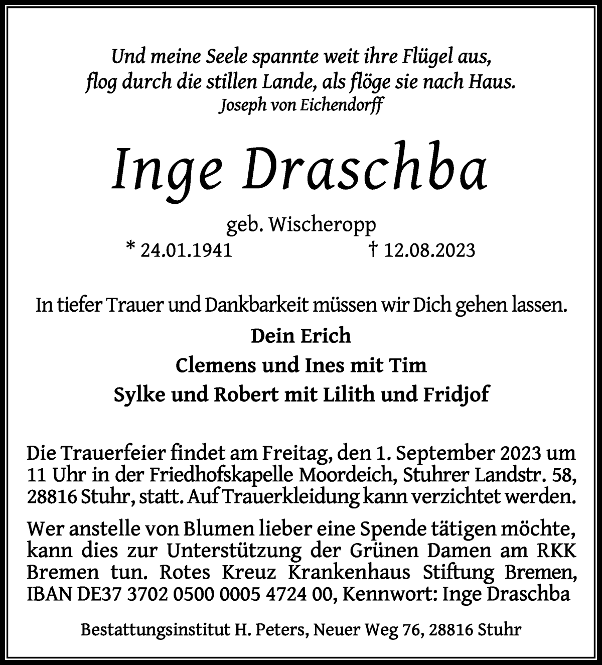Traueranzeige von Inge Draschba von WESER-KURIER