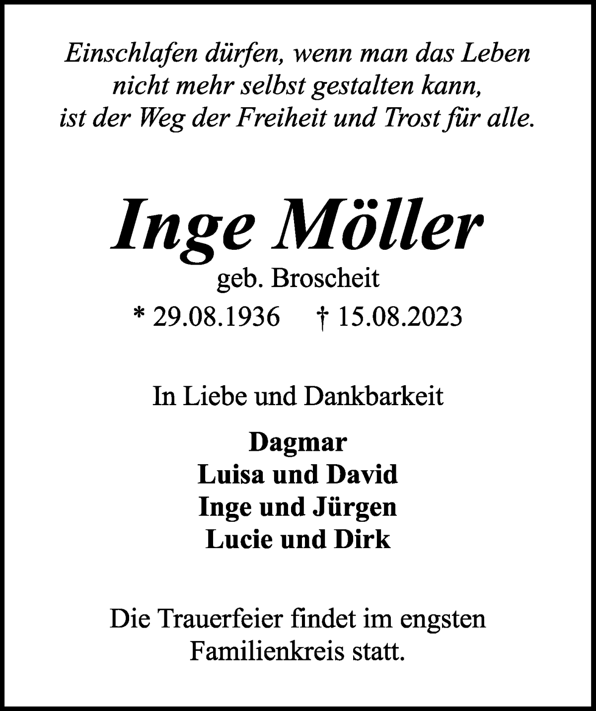 Traueranzeige von Inge Möller von WESER-KURIER