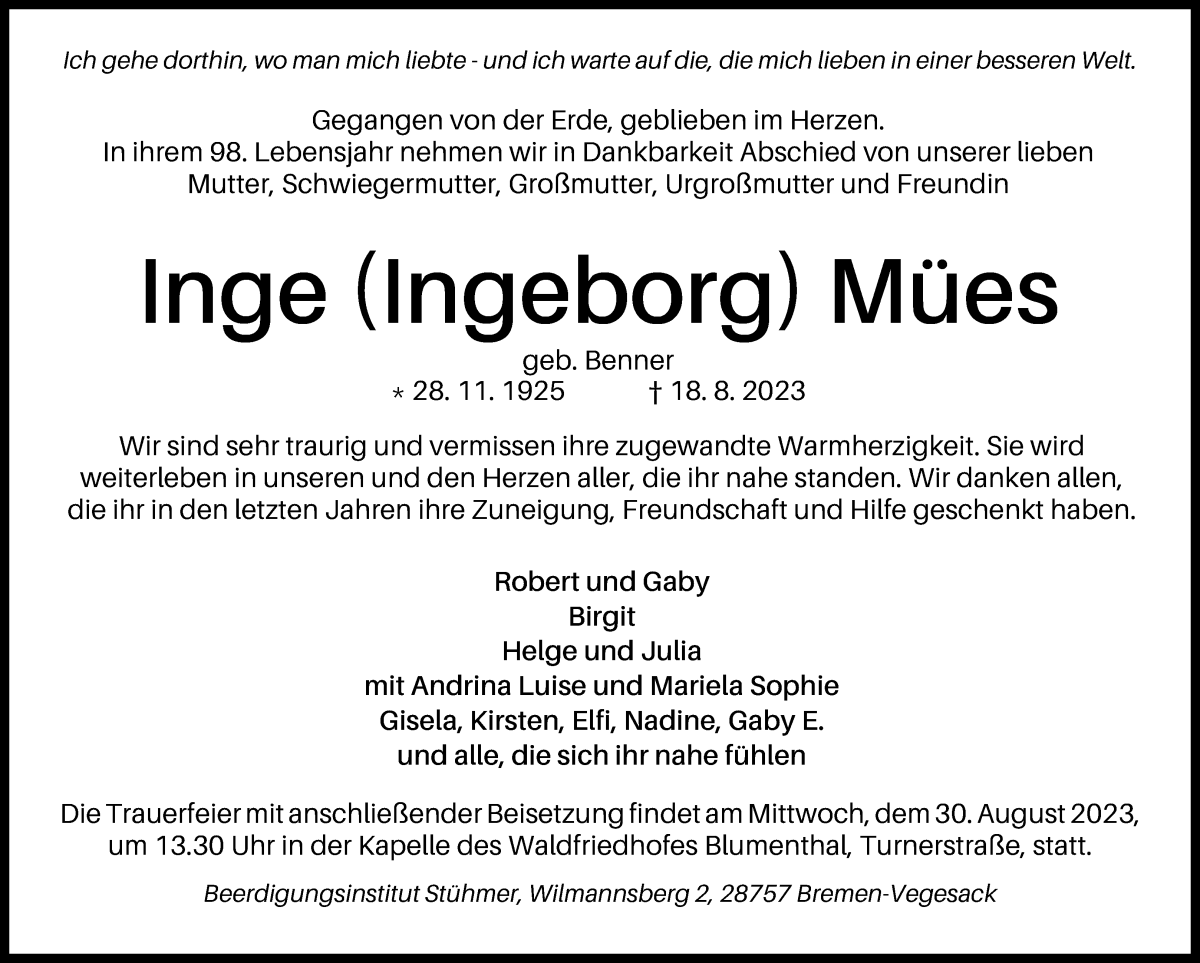 Traueranzeige von Inge Mües von Die Norddeutsche