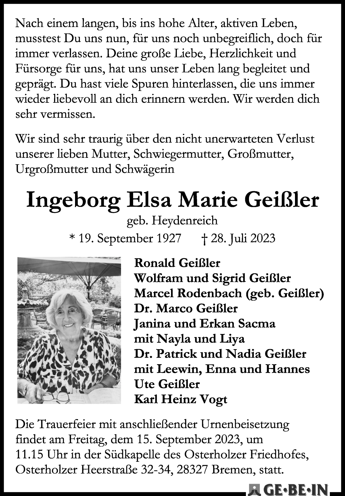 Traueranzeige von Ingeborg Geißler von WESER-KURIER