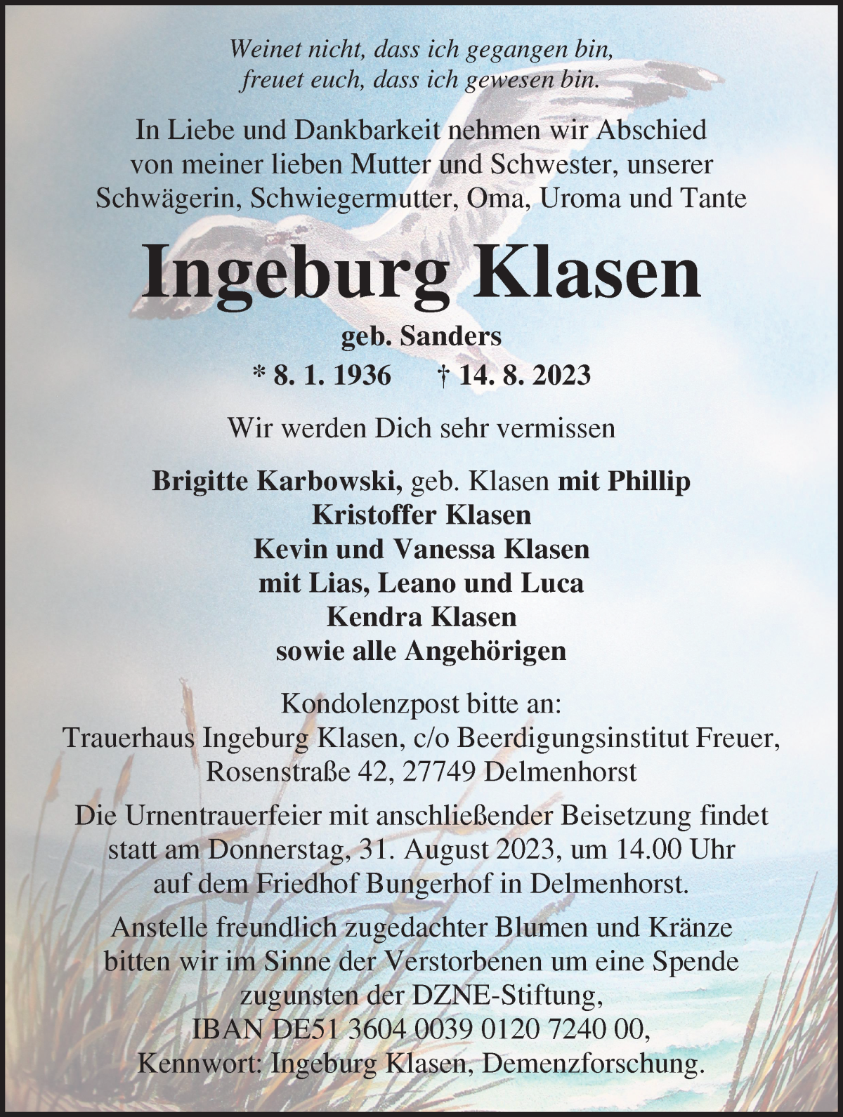 Traueranzeige von Ingeburg Klasen von WESER-KURIER