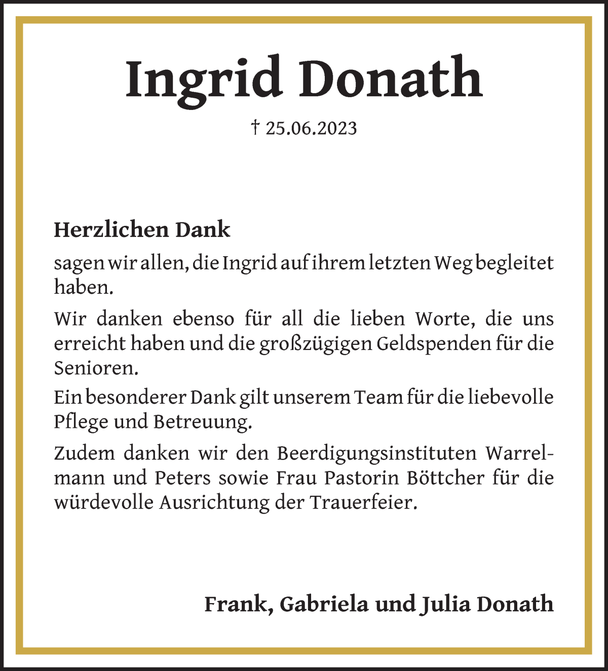 Traueranzeige von Ingrid Donath von Regionale Rundschau/Syker Kurier