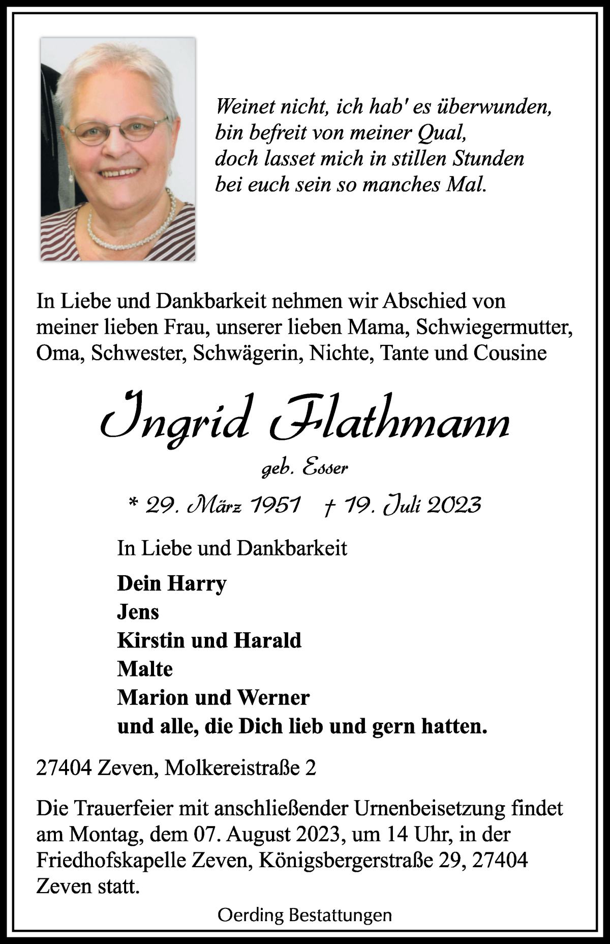 Traueranzeige von Ingrid Flathmann von Osterholzer Kreisblatt