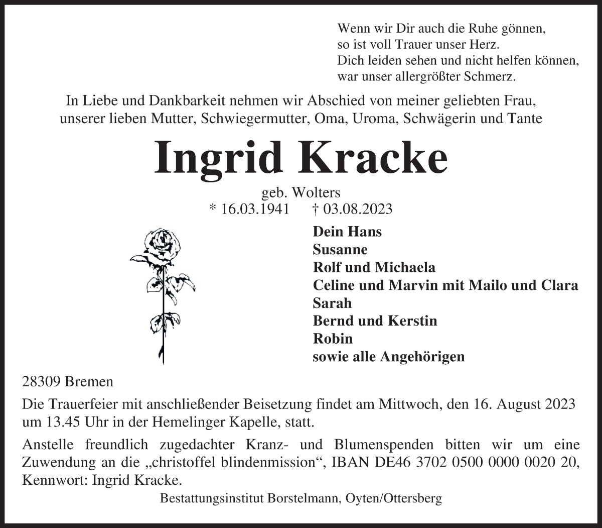 Traueranzeige von Ingrid Kracke von WESER-KURIER