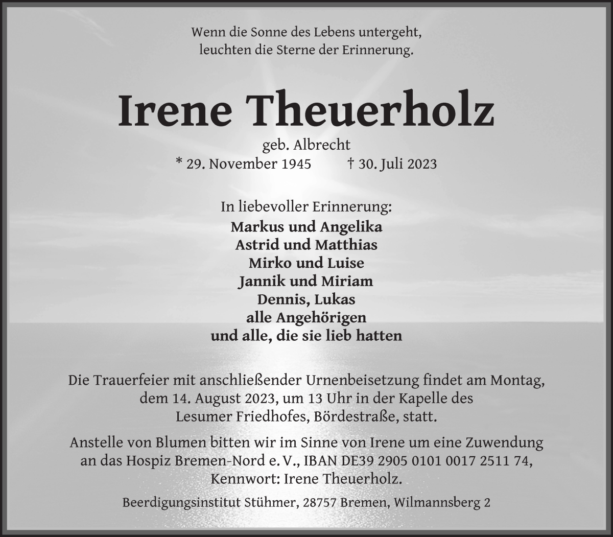 Traueranzeige von Irene Theuerholz von Die Norddeutsche