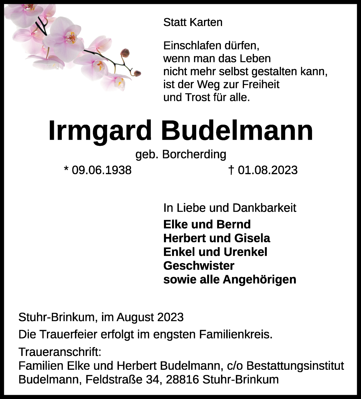 Traueranzeige von Irmgard Budelmann von WESER-KURIER