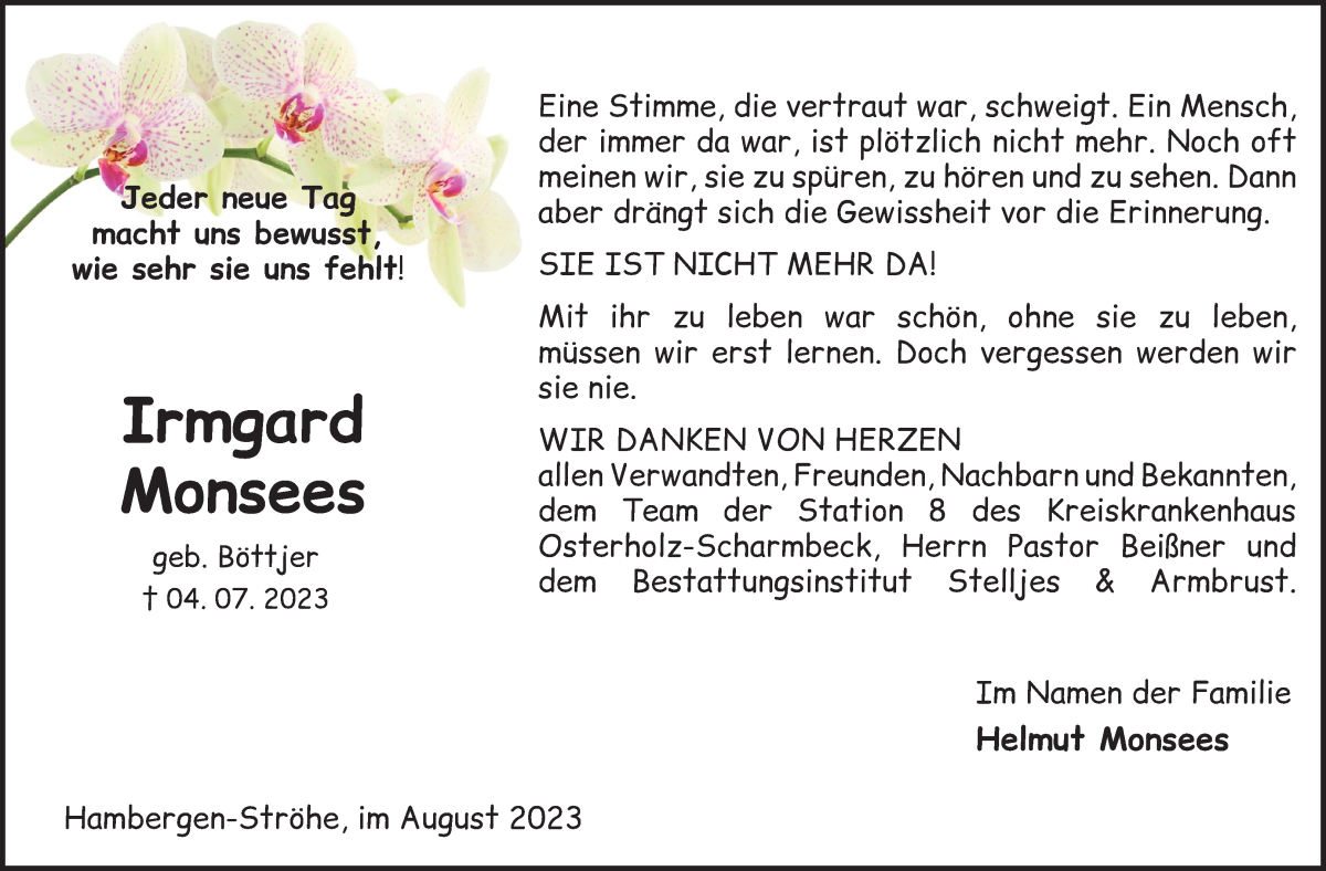 Traueranzeige von Irmgard Monsees von Osterholzer Kreisblatt