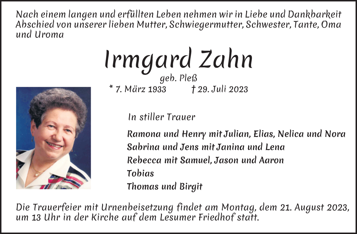 Traueranzeige von Irmgard Zahn von Osterholzer Kreisblatt
