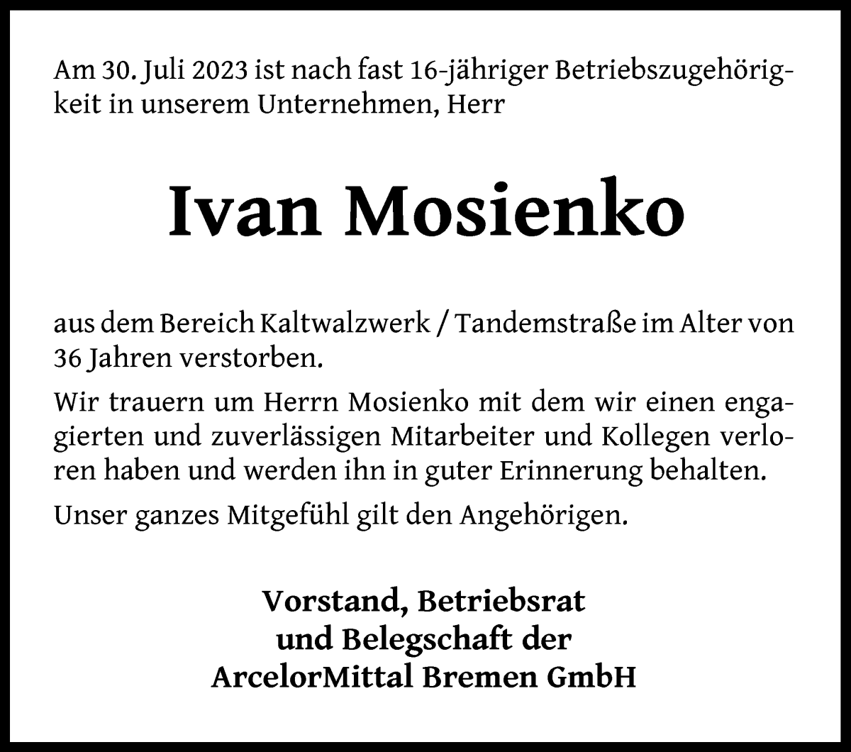 Traueranzeige von Ivan Mosienko von WESER-KURIER