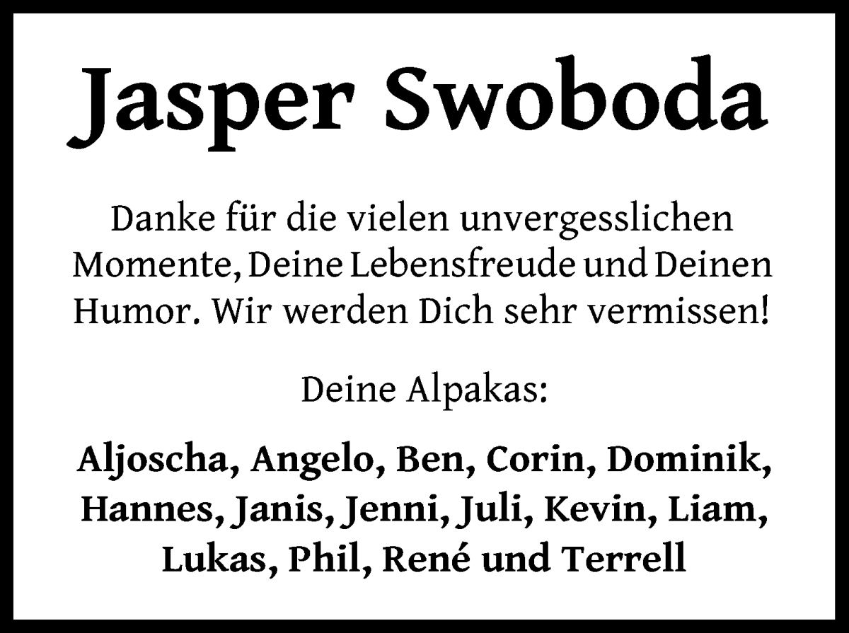 Traueranzeige von Jasper Swoboda von WESER-KURIER