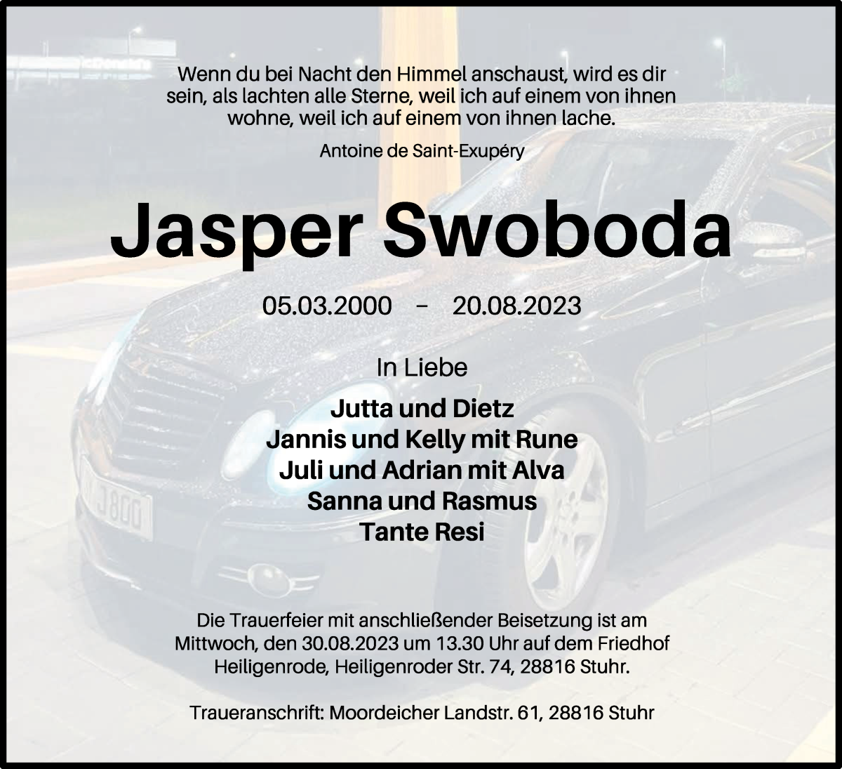 Traueranzeige von Jasper Swoboda von WESER-KURIER