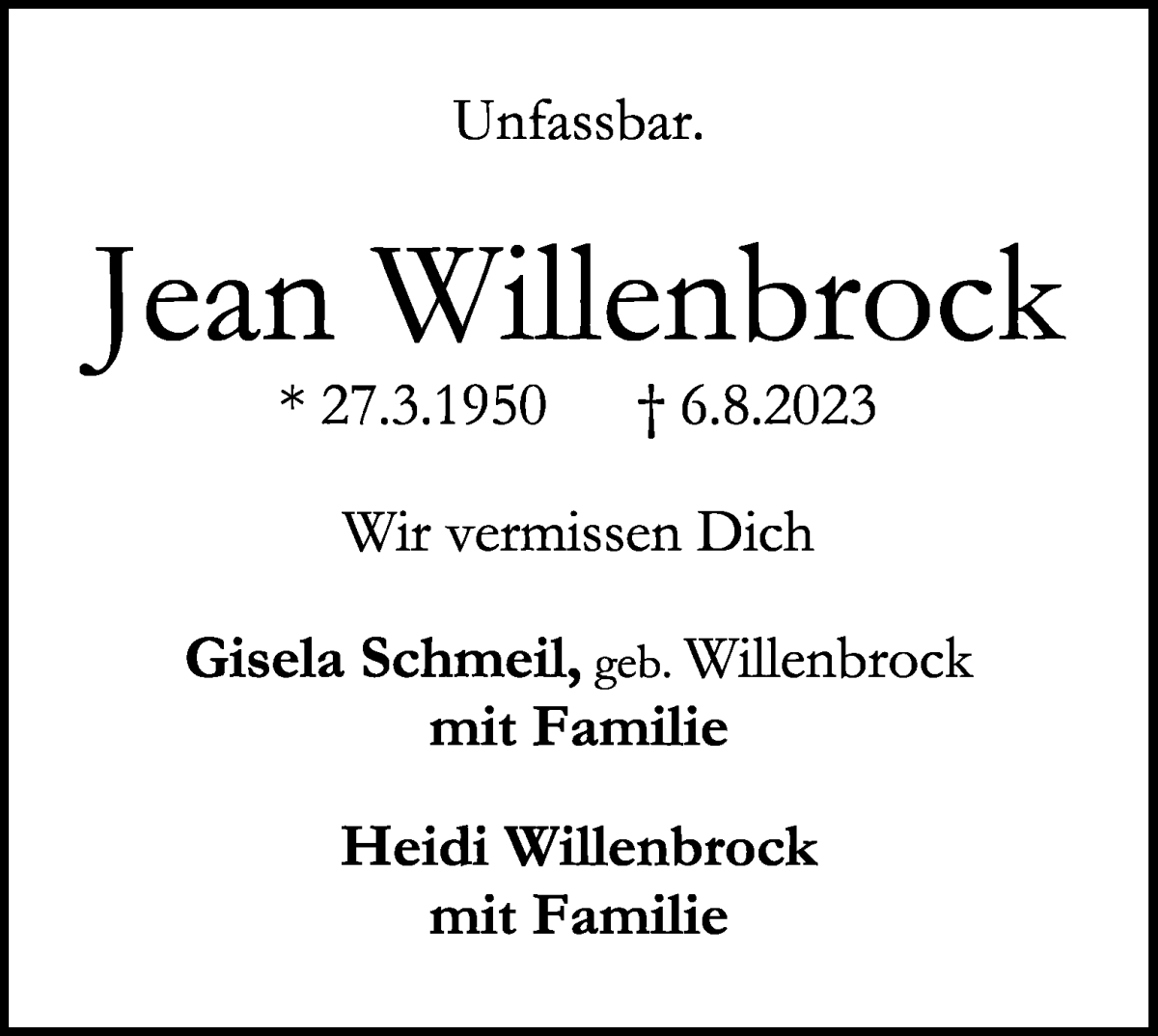 Traueranzeige von Jean Willenbrock von WESER-KURIER