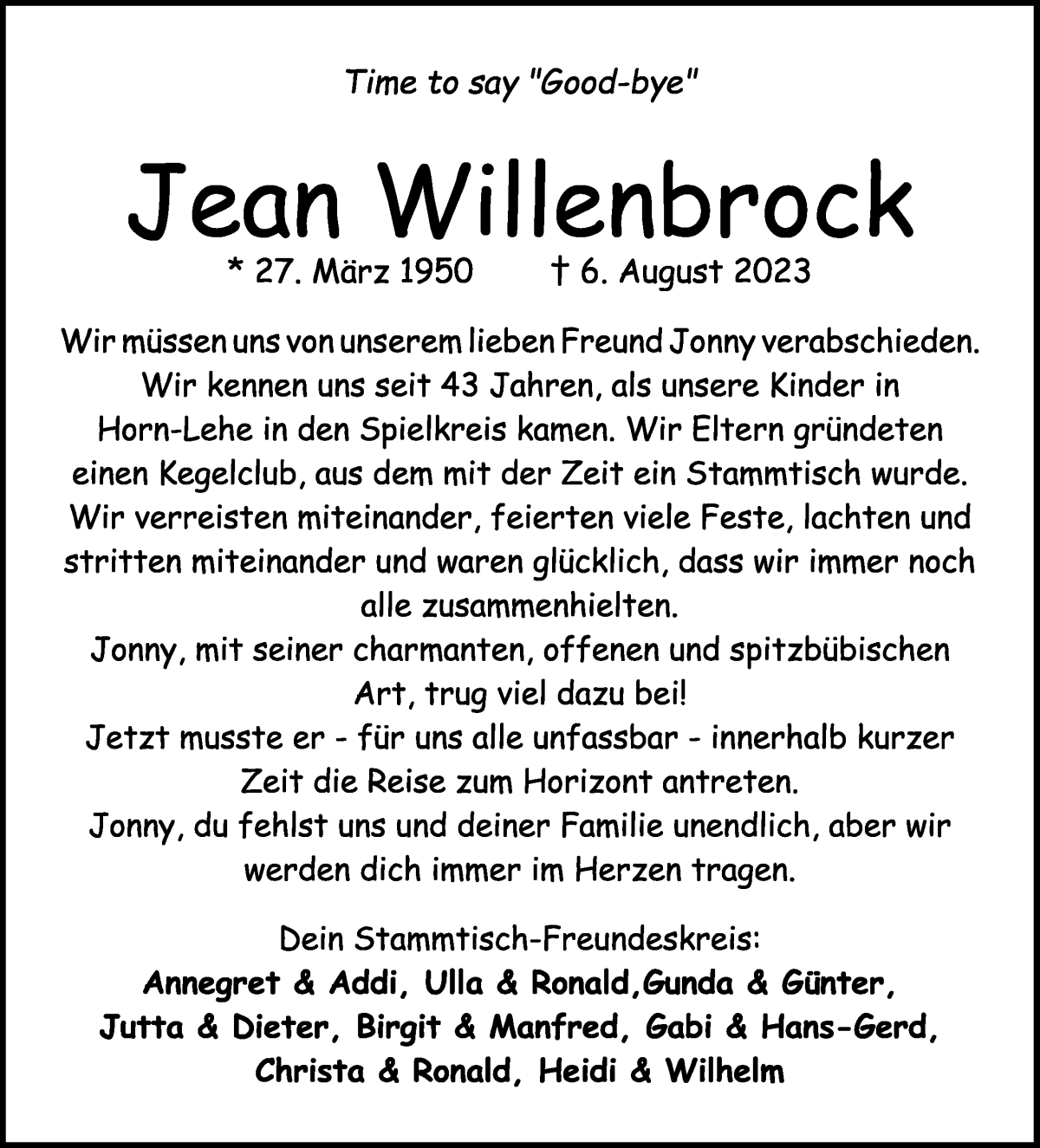 Traueranzeige von Jean Willenbrock von WESER-KURIER