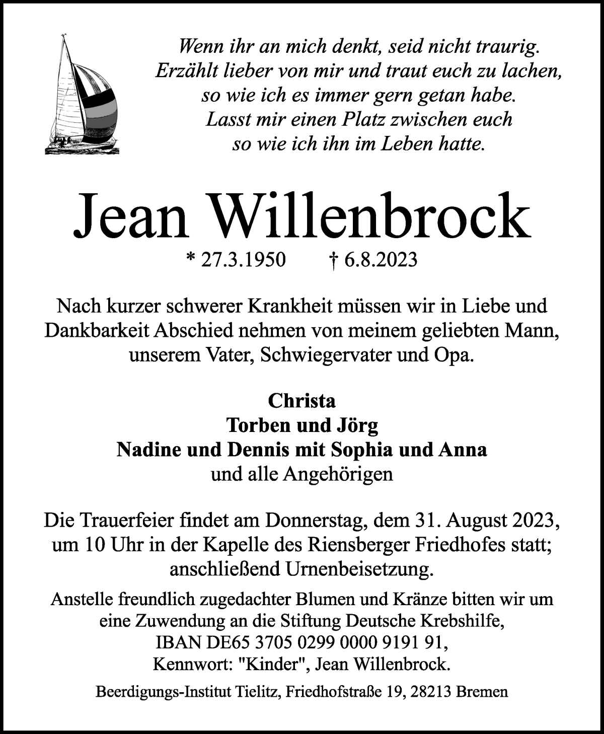 Traueranzeige von Jean Willenbrock von WESER-KURIER