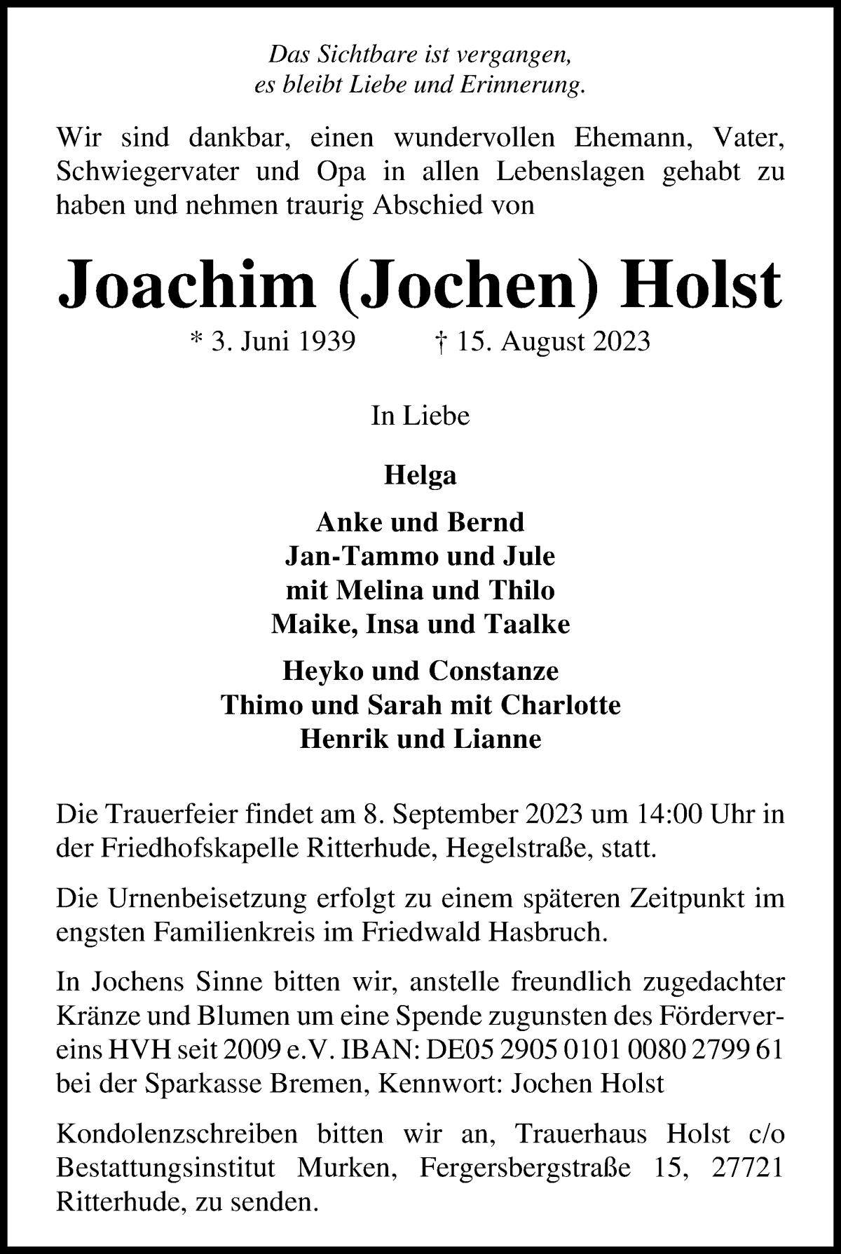 Traueranzeige von Joachim Holst von WESER-KURIER