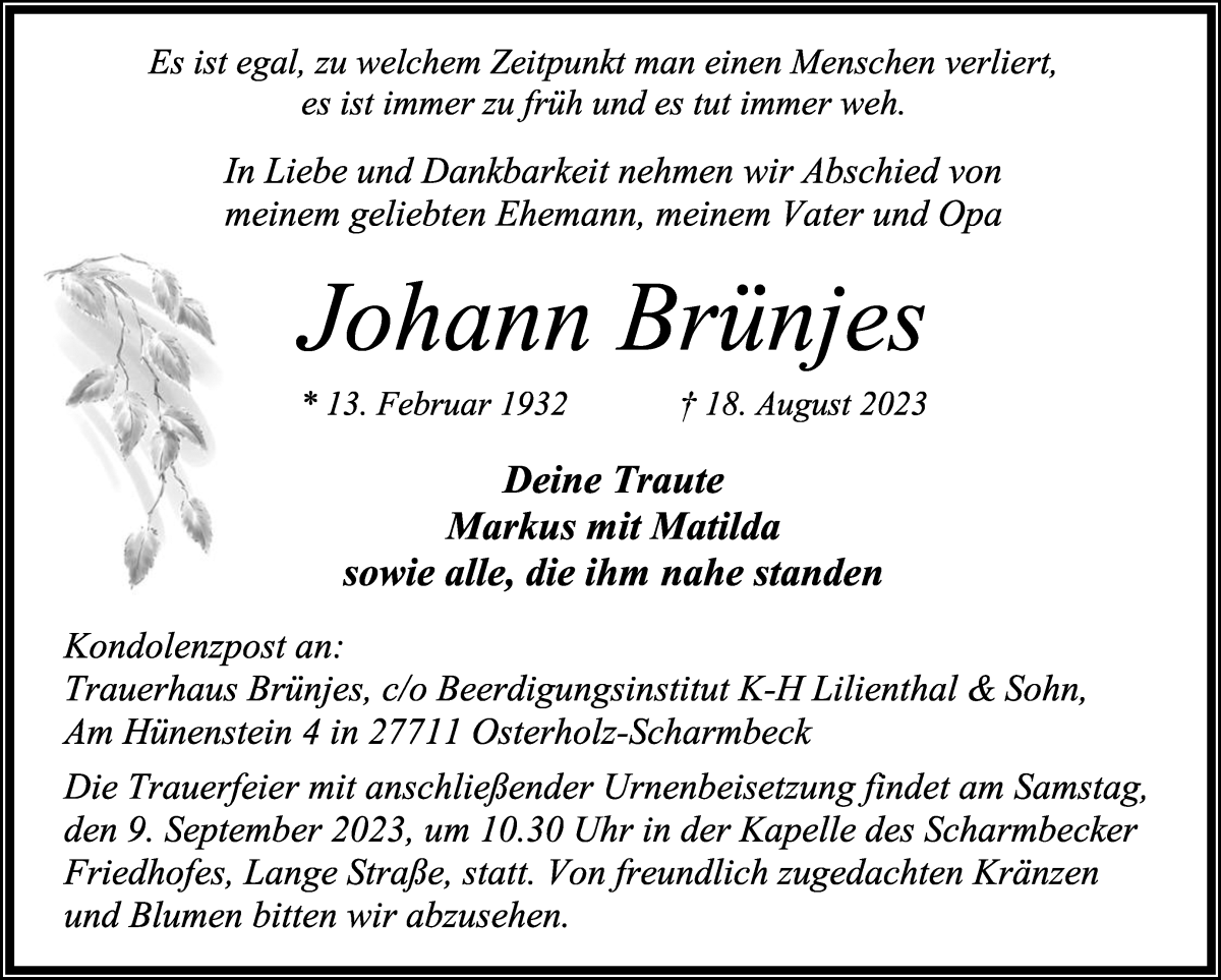Traueranzeige von Johann Brünjes von Osterholzer Kreisblatt