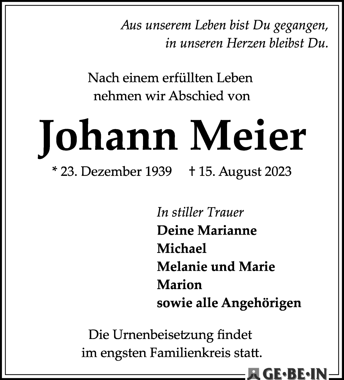 Traueranzeige von Johann Meier von WESER-KURIER