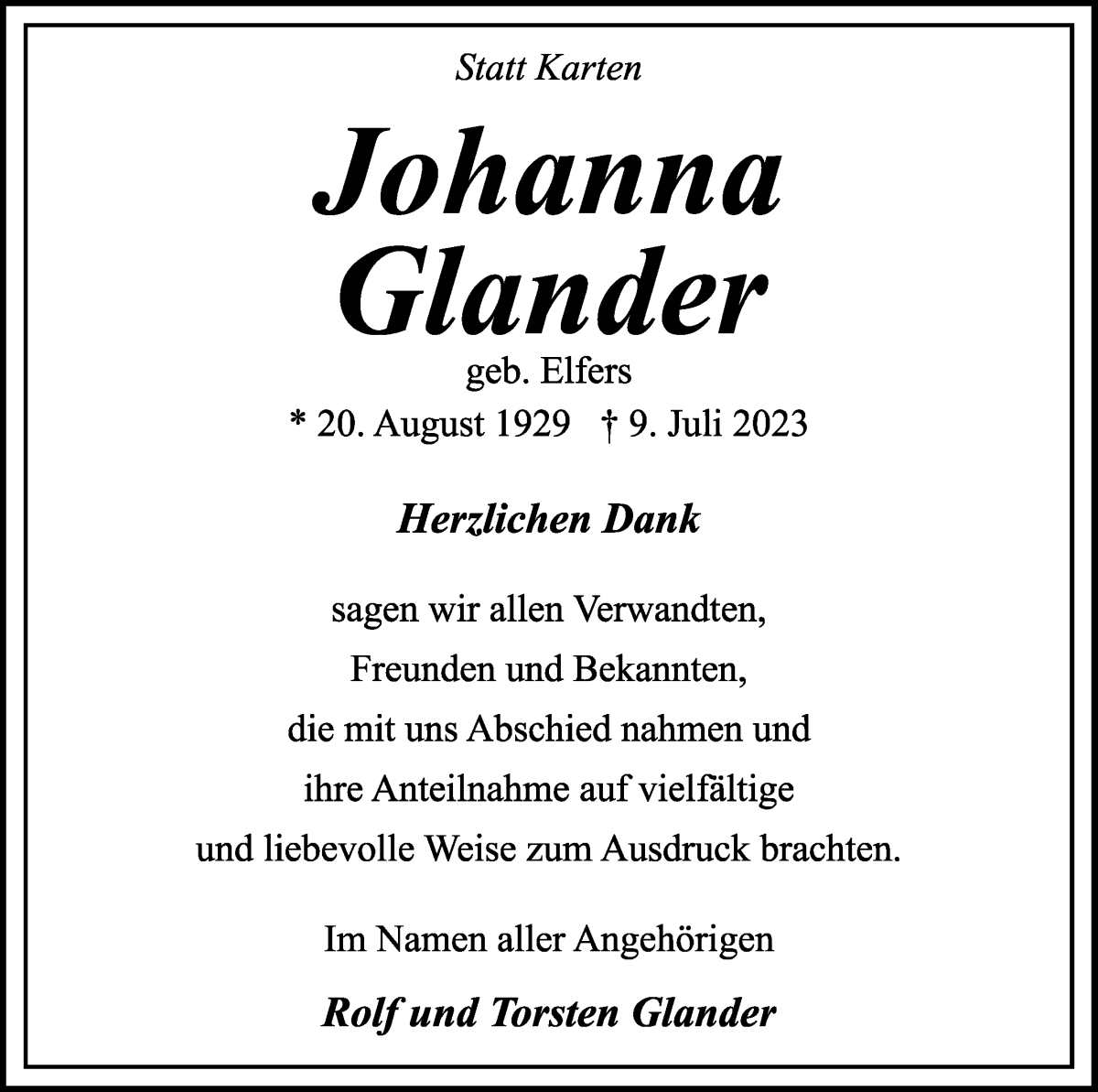Traueranzeige von Johanna Glander von WESER-KURIER