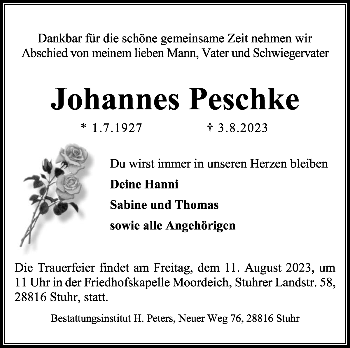 Traueranzeige von Johannes Peschke von WESER-KURIER