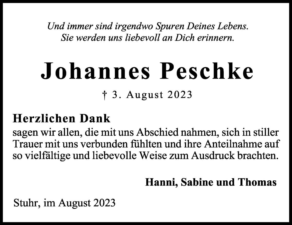 Traueranzeige von Johannes Peschke von Regionale Rundschau/Syker Kurier