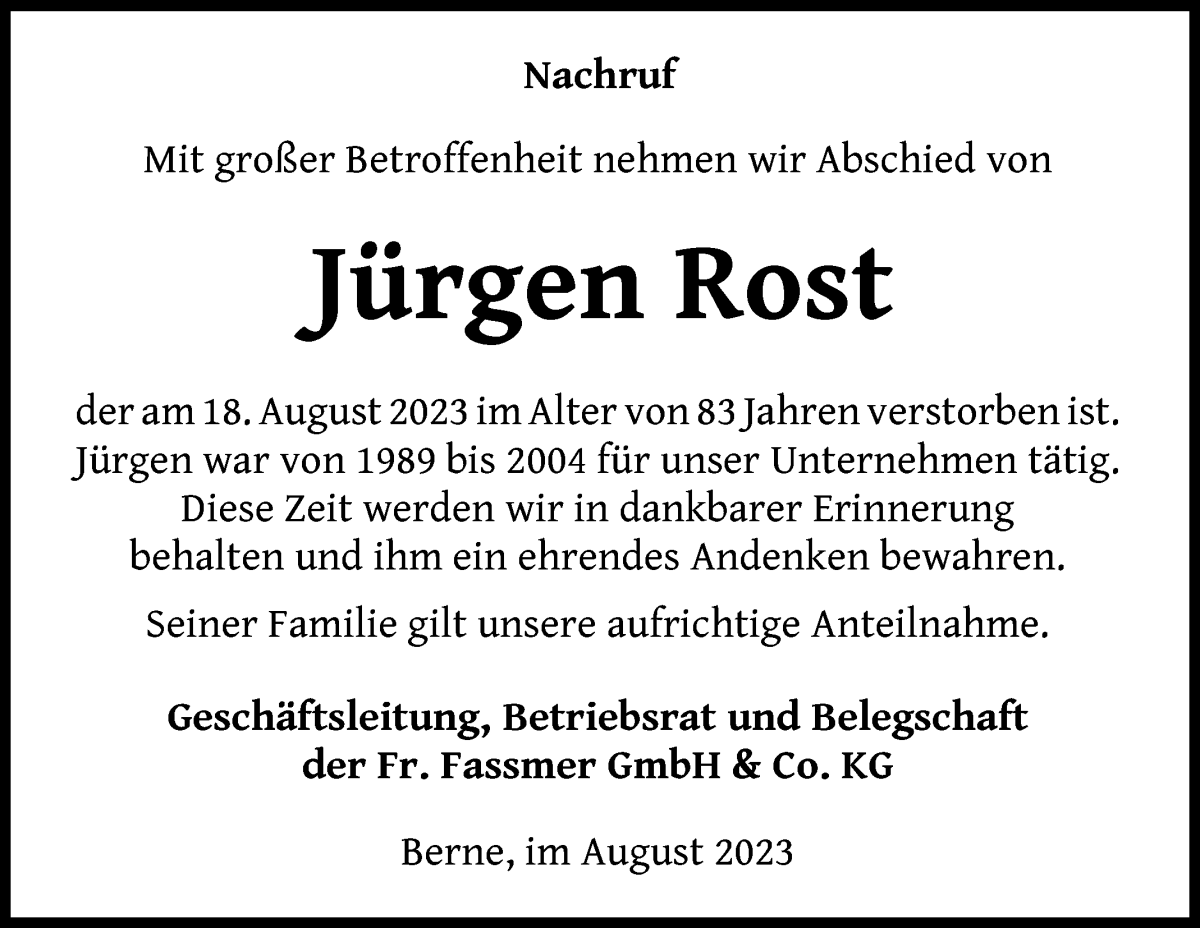 Traueranzeige von Jürgen Rost von Die Norddeutsche