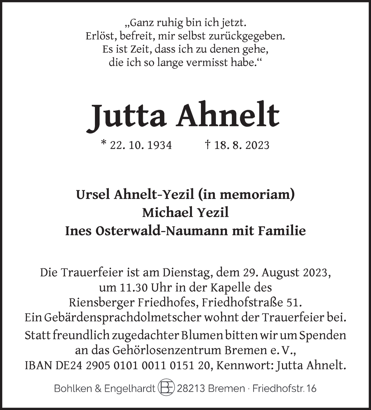 Traueranzeige von Jutta Ahnelt von WESER-KURIER