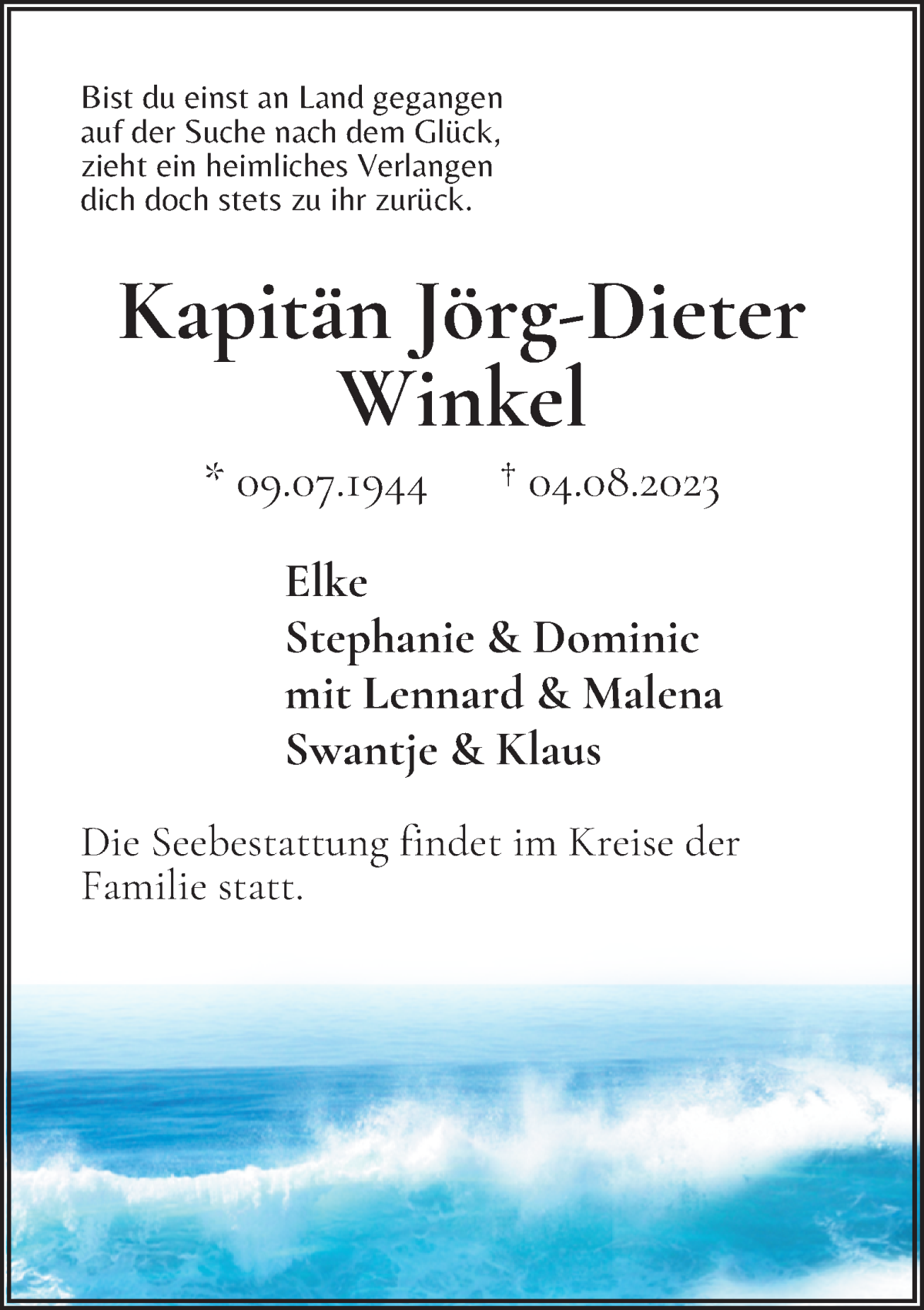 Traueranzeige von Kapitän Jörg-Dieter Winkel von WESER-KURIER