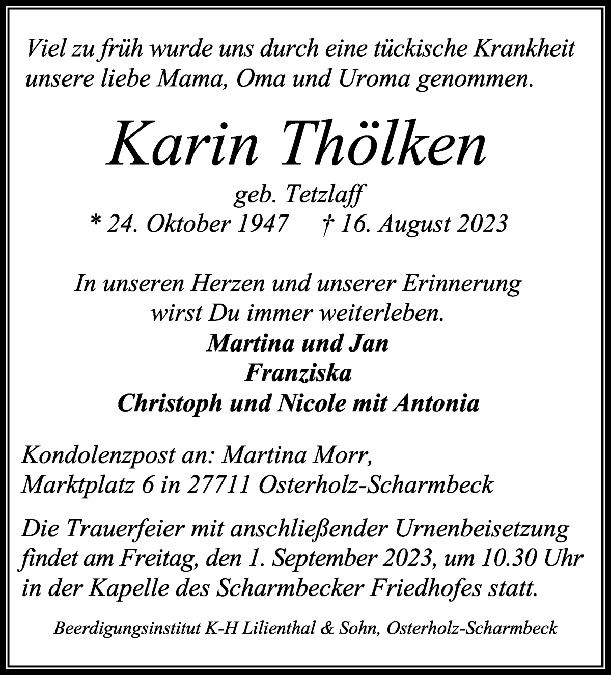 Traueranzeige von Karin Thölken von Osterholzer Kreisblatt