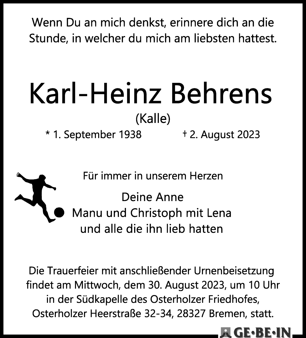 Traueranzeige von Karl-Heinz Behrens von WESER-KURIER