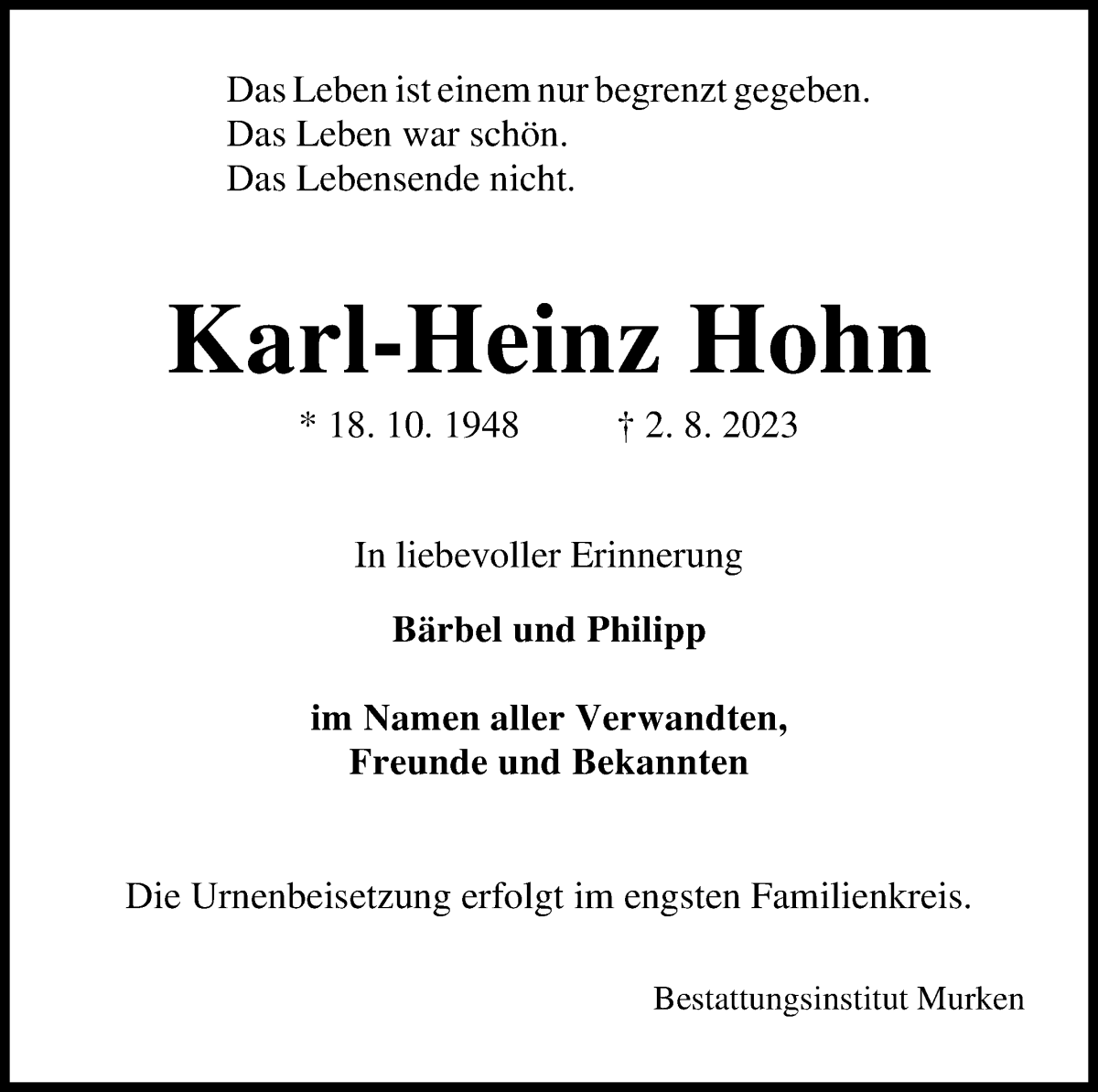 Traueranzeige von Karl-Heinz Hohn von Die Norddeutsche
