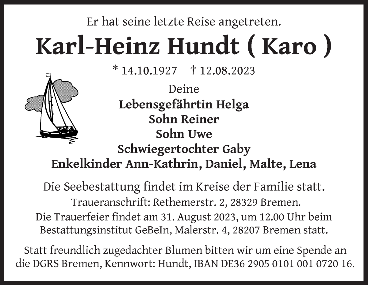 Traueranzeige von Karl-Heinz Hundt von WESER-KURIER