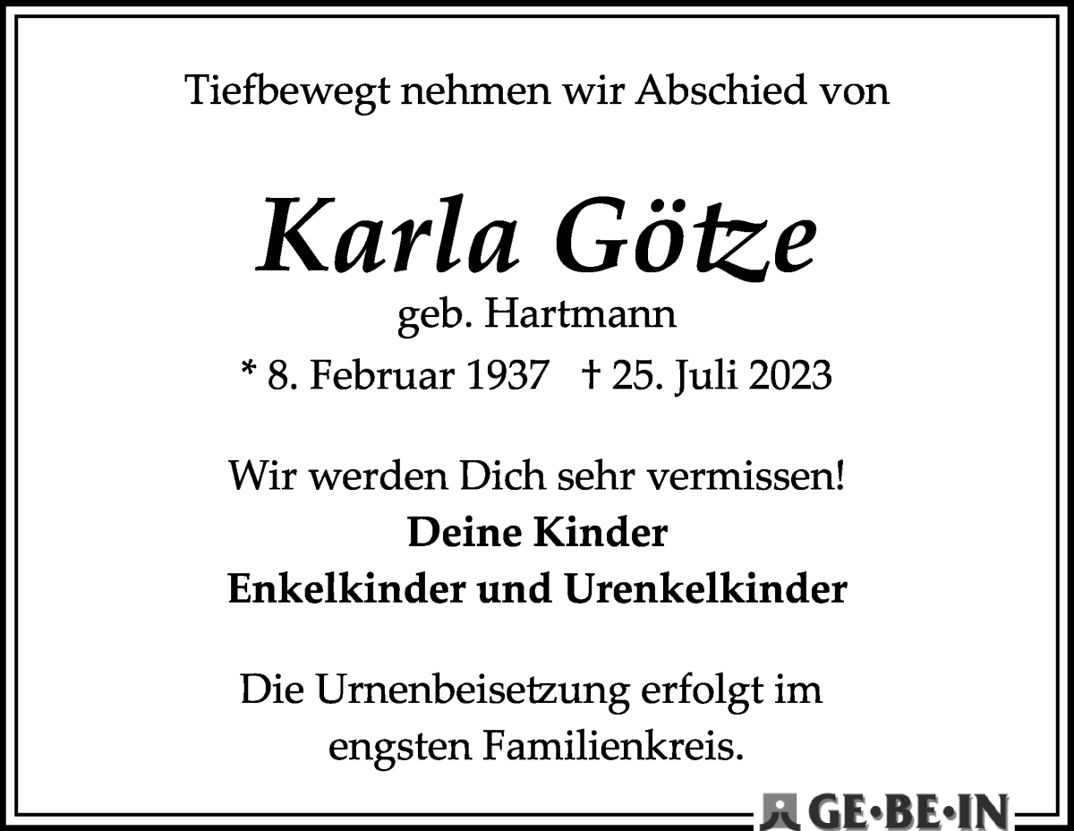 Traueranzeige von Karla Götze von WESER-KURIER
