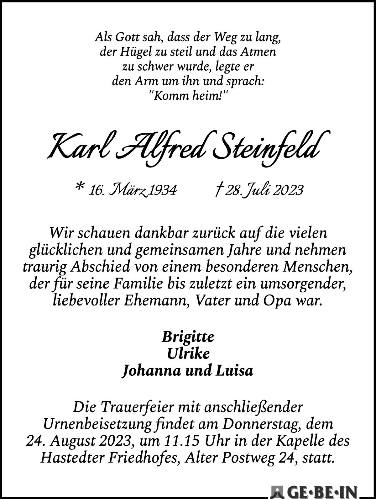 Traueranzeige von Karl Alfred Steinfeld von WESER-KURIER