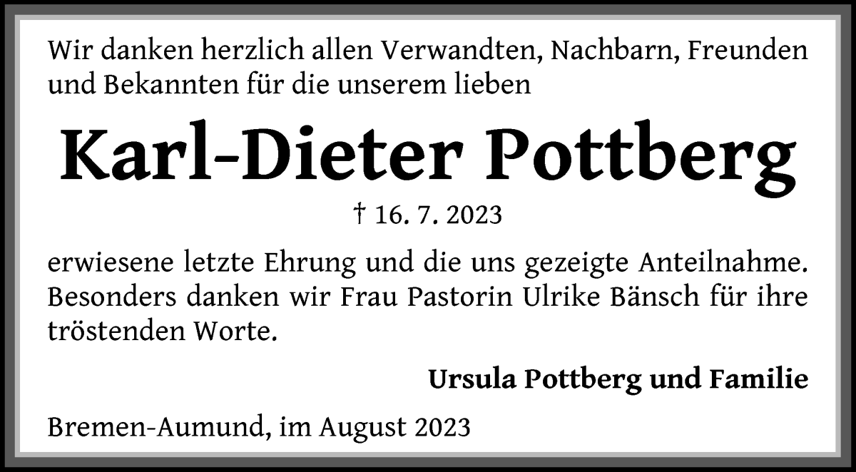 Traueranzeige von Karl Dieter Pottberg von Die Norddeutsche