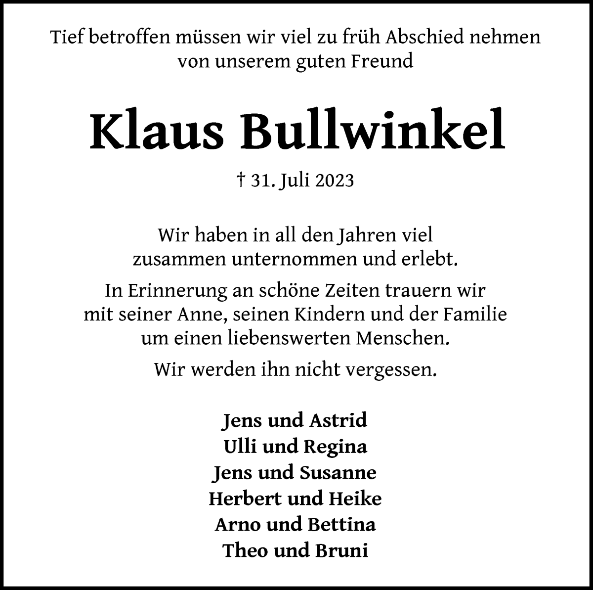 Traueranzeige von Klaus Bullwinkel von Die Norddeutsche