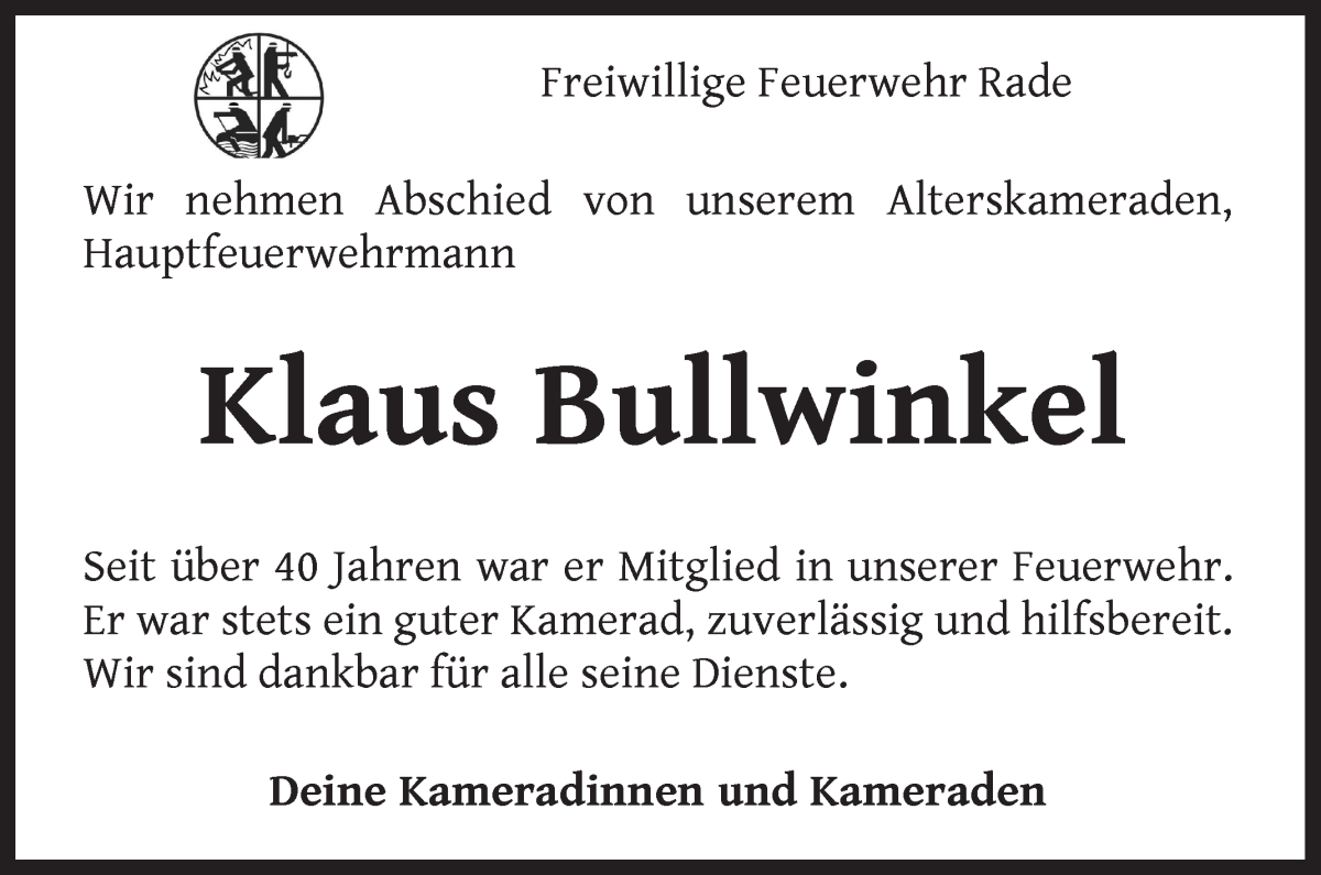 Traueranzeige von Klaus Bullwinkel von Die Norddeutsche