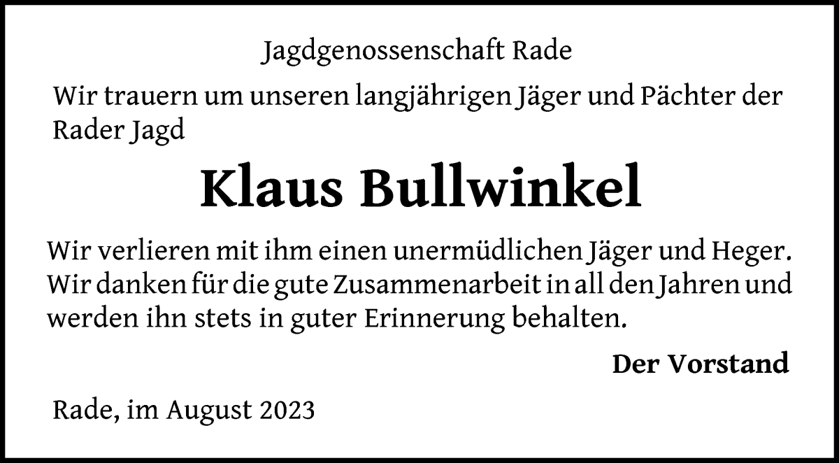 Traueranzeige von Klaus Bullwinkel von Die Norddeutsche