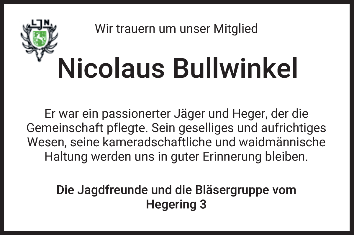 Traueranzeige von Klaus Bullwinkel von Die Norddeutsche