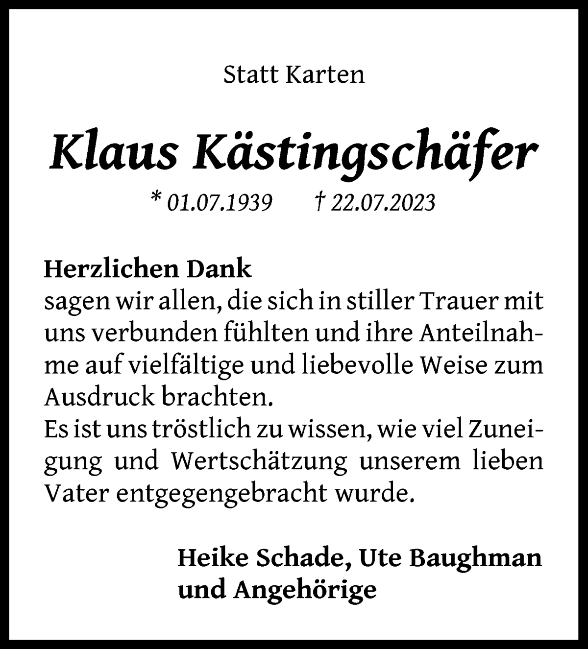 Traueranzeige von Klaus Kästingschäfer von Osterholzer Kreisblatt