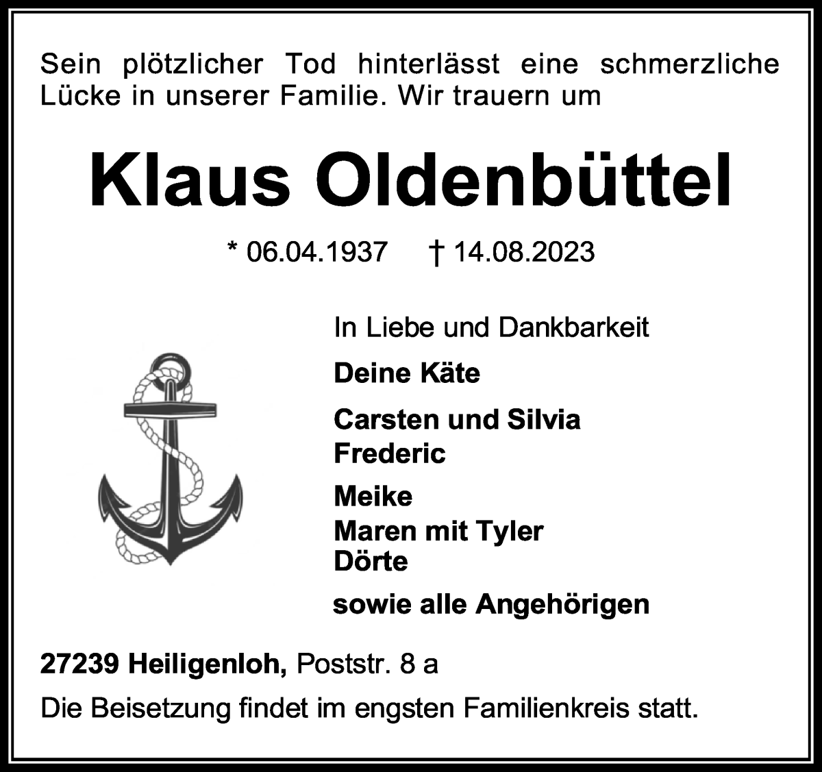 Traueranzeige von Klaus Oldenbüttel von WESER-KURIER