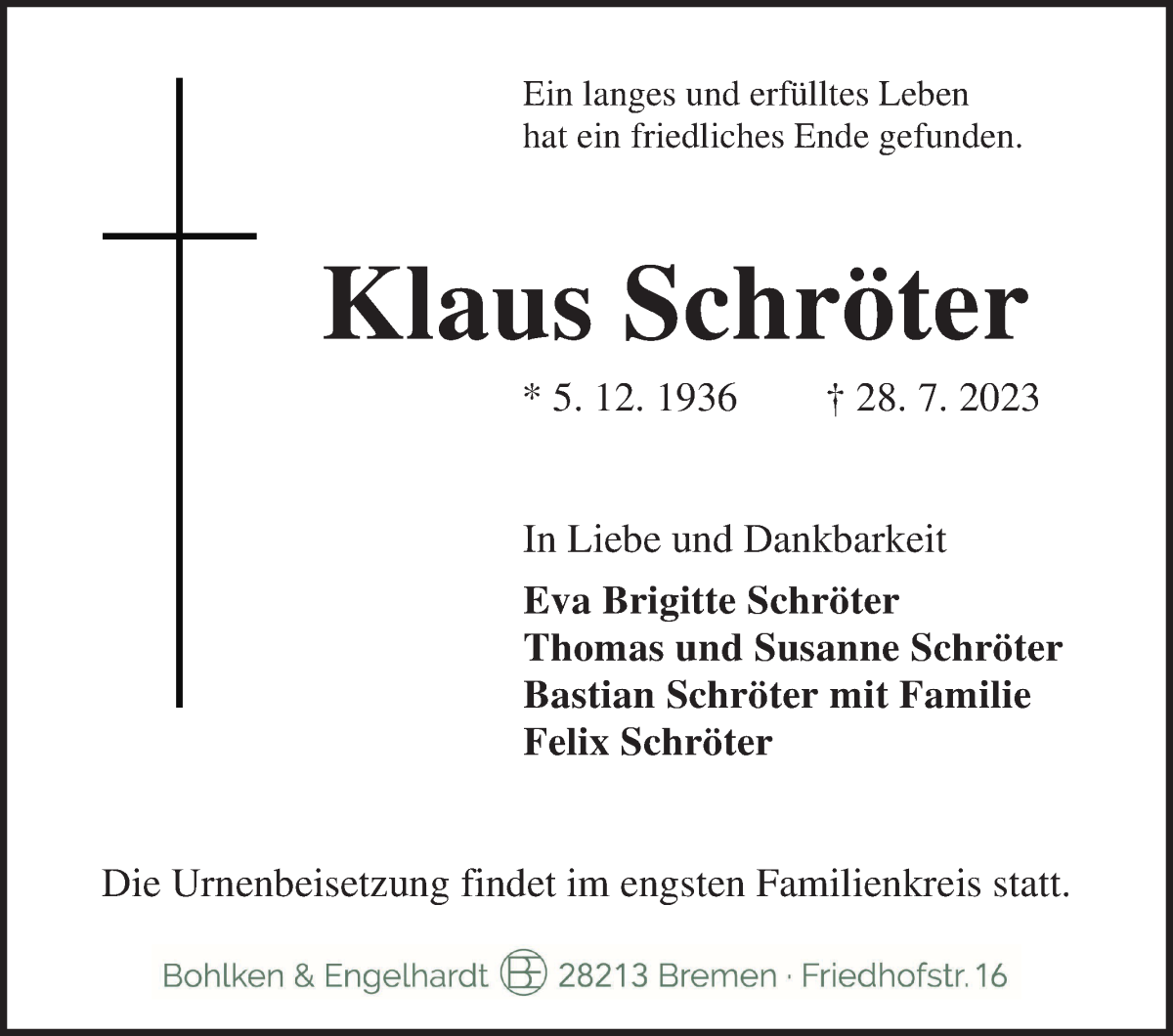 Traueranzeige von Klaus Schröter von WESER-KURIER