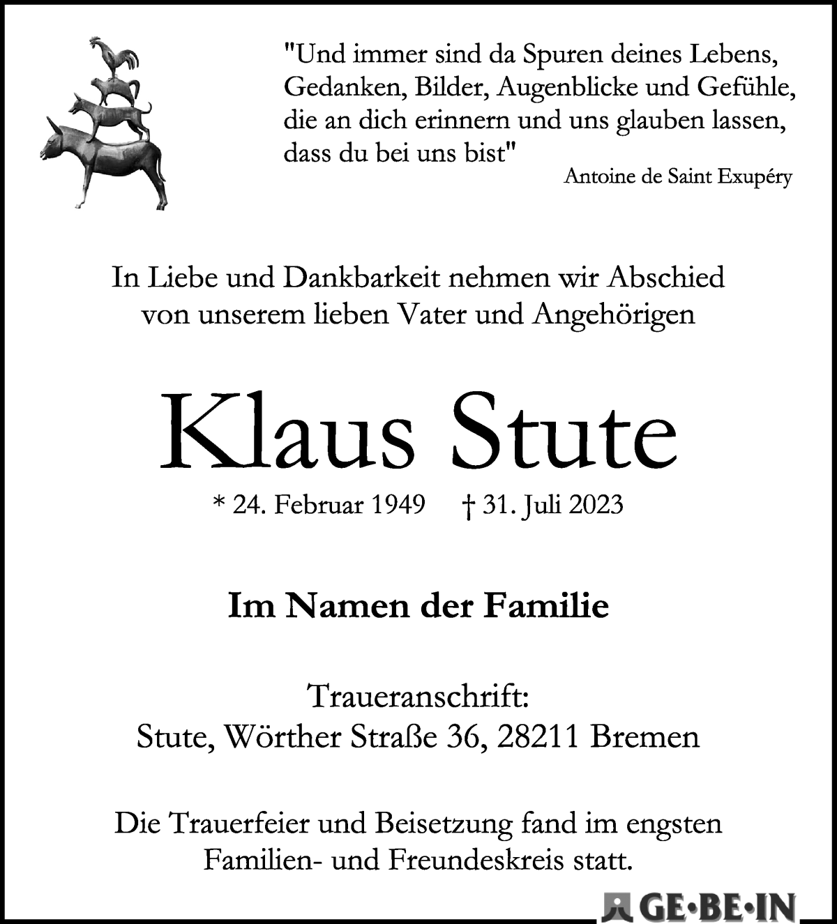 Traueranzeige von Klaus Stute von WESER-KURIER