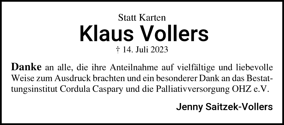Traueranzeige von Klaus Vollers von WESER-KURIER
