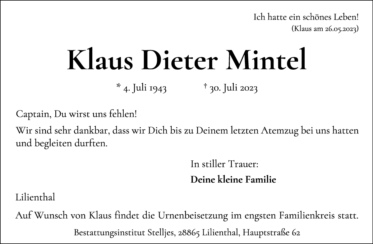 Traueranzeige von Klaus Dieter Mintel von Wuemme Zeitung