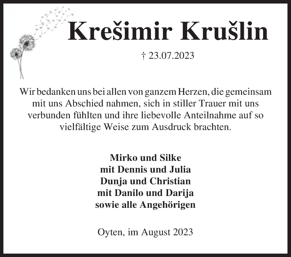 Traueranzeige von Kresimir Kruslin von WESER-KURIER
