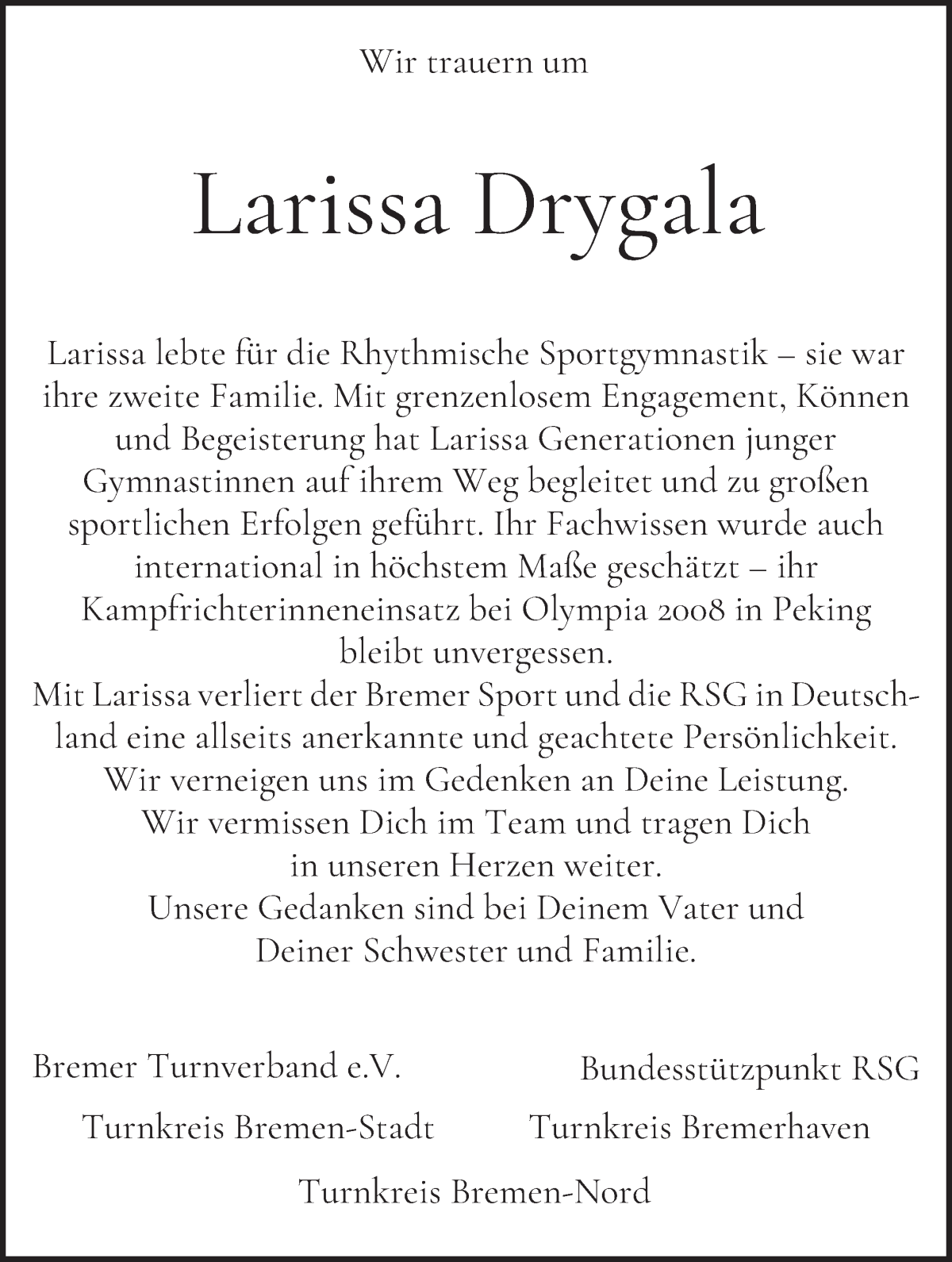 Traueranzeige von Larissa Drygala von WESER-KURIER